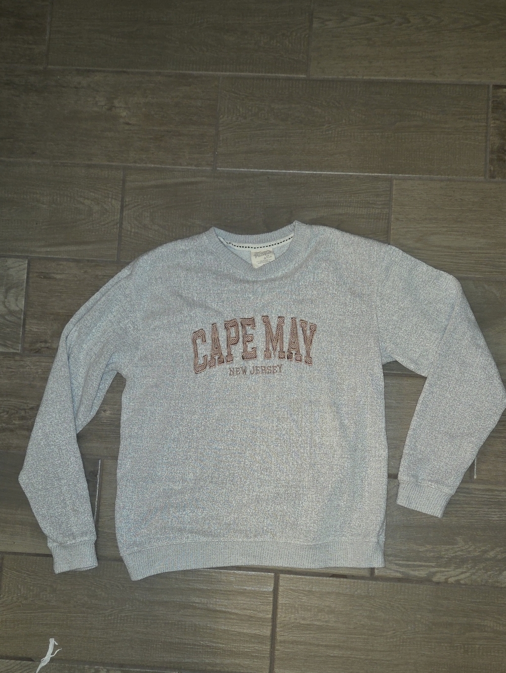 Crewneck Sweater with Cape May Chest Lettering — Light Heather Gray